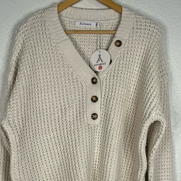 NWT Anrabees cozy off white chunky 1/4 button sweater Casual Fisherman Core - Picture 2 of 6